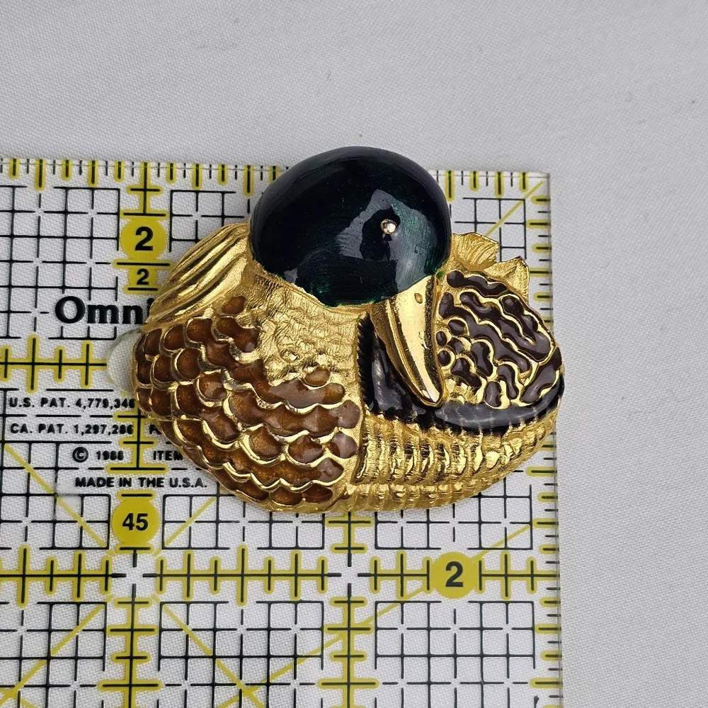 Paquette Gold Tone Textured Figural Enamel Mallard Duck Brooch - Picture 8 of 9